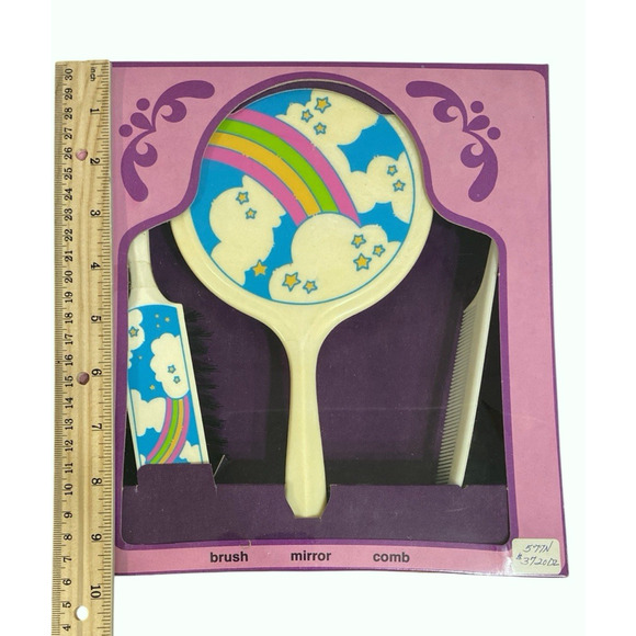 Vintage ARC New York Hair Comb Brush Mirror Set 1980 Rainbow Stars Sealed - Picture 7 of 9